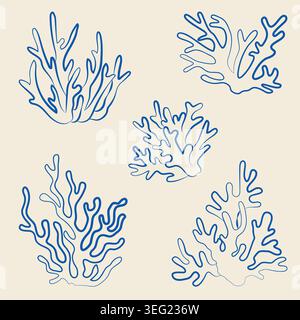 Hand-drawn underwater sea plants, corals of different shape, seaweed in line art doodle style for decoration and product design Stock Vector
