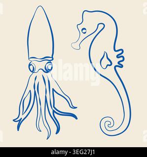 Hand-drawn isolated sea horse and squid in line art doodle style, underwater sea animal for decoration or product design Stock Vector