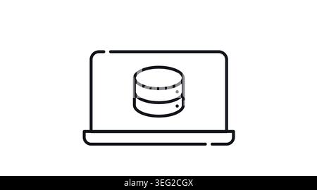 Laptop database and data management icon: portable notebook computer with database cylinder on screen, minimalist black line art vector. Stock Vector