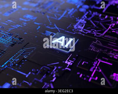 A close-up view of a circuit board featuring a glowing AI processor. The neon-lit design highlights connections, symbolizing advanced technology and a Stock Photo