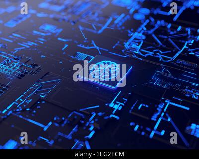 A futuristic circuit board featuring a glowing processor with a brain design, symbolizing advanced technology and artificial intelligence in a digital Stock Photo