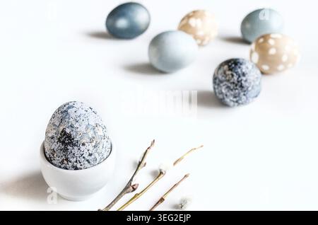 Minimal Easter egg composition featuring speckled egg in a ceramic cup, pastel dyed eggs scattered on a white background with twigs and soft daylight. Stock Photo