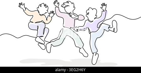 Happy Children boys Jumping. Continuous One Line Drawing. Kids Play. Stock Vector
