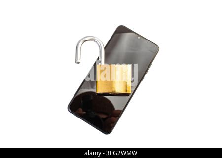 Open golden padlock on a black smartphone isolated on white, cyberspace  concept Stock Photo
