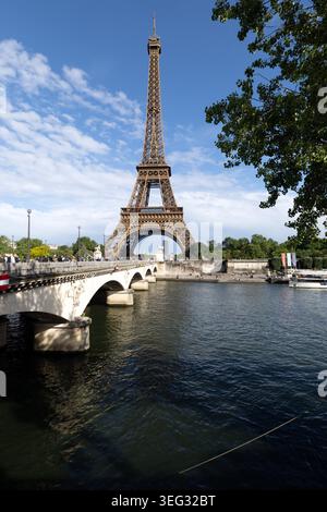 Eiffel Tower and Pont d’Iéna seen from the Seine in Paris, France. Stock Photo