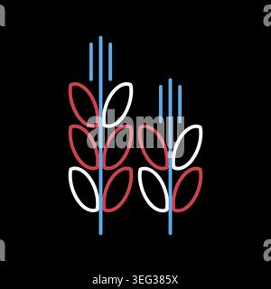 A simple on dark background icon of two golden wheat ears. Designed in a clean, modern, flat outline style. Ideal for food packaging, menus, and organ Stock Vector