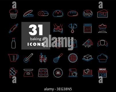A comprehensive set of 31 flat on dark background icons for bakery items and baking tools. Perfect for menus, food blogs, and kitchen-related websites Stock Vector