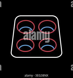 A simple on dark background icon of a muffin or cupcake baking pan with four empty cups. Designed in a modern flat outline style. Ideal for menus, bak Stock Vector