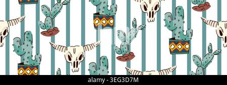 Seamless striped pattern for Wild West wallpaper, buffalo skull among cacti on white. Vector illustration Stock Vector