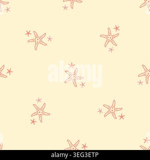 Seamless vector pattern with large and small red starfish on yellow background. Bright marine repeat design for textile, packaging and summer decor. Stock Vector