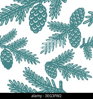 Seamless background of spruce branches with cones. Hand drawn. Not AI, vector illustration. Stock Vector