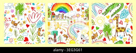 set of seamless children's background patterns . Hand drawn. Not AI, vector illustration. Stock Vector