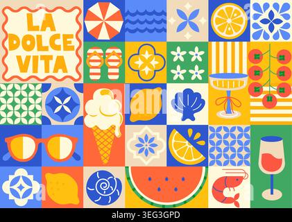 Modern ceramic tile design from mediterranean. Mosaic in blue,white,yellow and red colors.Geometric ethnic ornament, porcelain pottery.Summer sea theme.Vector illustration for web, banner,flyer,print Stock Vector