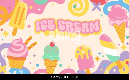 Childish ice cream horizontal banner in tasty style. Sundaes with different flavors on funny doodle pink background. Cute ad for caffe, shops. Vector for web,flyers.Sweet cold desserts for design Stock Vector