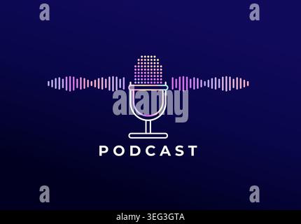 Microphone and sound wave, podcast neon concept. Logo for broadcasting with sound wave. Emblem for live news and radio streaming, shows,live performances. Vector illustration for bloggers. Stock Vector