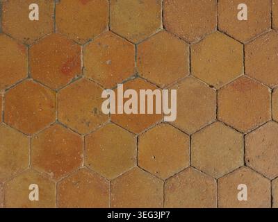Hexagon tile floor in Palma with warm terracotta tones and visible patina. Top view with uniform structure. Copy space. Stock Photo