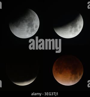A total lunar eclipse photographed over New Orleans, home of NASA's Michoud Assembly Facility, in the early morning hours of Tuesday, March 3. A lunar eclipse occurs when Earth passes directly between the Sun and Moon, casting a huge shadow across the Moon's surface. The Moon appears dark red or orange as the Sun's light filters through Earth's atmosphere. This is a compsoite of 4 images taken during the eclipse.  An optimised photo collage of original NASA imagery. Credit: NASA/EBordelon Stock Photo