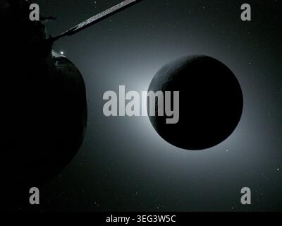 The Moon, seen here backlit by the Sun during a solar eclipse on April 6, 2026, is photographed by one of the cameras on the Orion spacecraft's solar array wings. Orion is visible in the foreground on the left. Earth is reflecting sunlight at the left edge of the Moon, which is slightly brighter than the rest of the disk. The bright spot visible just below the Moon's bottom right edge is Saturn. Beyond that, the bright spot at the right edge of the image is Mars.   6 April 2026  An optimised high-resolution version of an original NASA image: Credit: NASA Stock Photo
