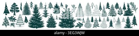 A large set of Christmas trees and spruce branches on white background. Hand drawn. Not AI, vector illustration. Stock Vector