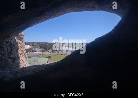 Looking through the eyes. In the interior of the huge, giant sheep sculpture, statue. At the Big Things Merino Rambo in Goulburn, NSW, Australia. Stock Photo