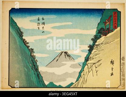 Raigo Valley at Oyama in Sagami Province by Utagawa Hiroshige, 1852, depicting Mount Fuji framed by steep rocky cliffs and a mountain temple nestled on a verdant slope Stock Photo