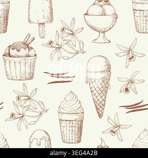 Seamless pattern with ink hand-drawn various ice cream desserts. Vector monochrome illustration Stock Vector