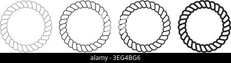 Set of round rope frames. Circular cord or thread, cable or twine vignettes isolated on white background. Design elements in maritime, sailor, yacht, nautical theme. Vector outline illustration. Stock Vector