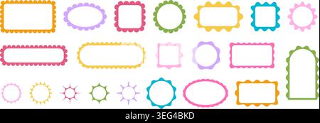 Collection of cute colorful geometric frames with wavy borders. Vignettes for picture or photo. Empty labels, boxes, tags or banner templates isolated on white background. Vector flat illustration. Stock Vector