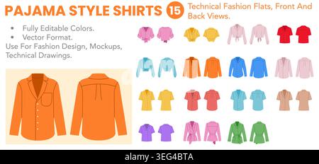 Pajama Style Shirts set with editable technical fashion flats, front and back views, color versions, open collars and relaxed short sleeve silhouettes. Vector illustration Stock Vector