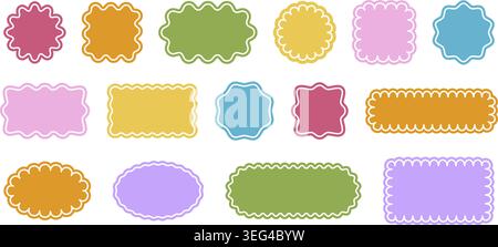 Cute colorful geometric shapes with wavy edges and transparent border lines. Basic scalloped forms isolated on white background. Empty textboxes, stickers, tags or labels. Vector flat illustration. Stock Vector