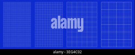 Blueprint grid set millimeter square geometry, four scale variations. Wide medium dense micro spacing comparison, engineering layouts dashboards notebook pages interface planning systems graphics. Stock Vector