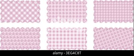 Set or paper or textile rectangular cards or patches with gingham pattern, stitched borders and wavy edges isolated on white background. Cute design elements in girly style. Vector flat illustration. Stock Vector
