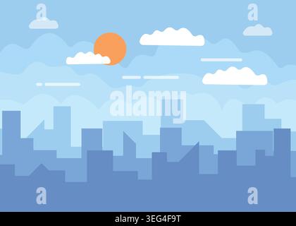 Minimal flat vector illustration of a modern blue city skyline with clouds and sunrise atmosphere, perfect for urban backgrounds and design projects. Stock Vector