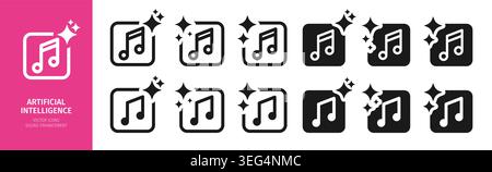Icons for Improving sound with AI sparkle set. Artificial intelligence symbols with star frames magic glitter effects starburst signs. Machine learning symbols UI UX app tech design vector elements Stock Vector