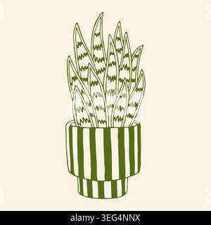 Detailed hand drawn vector illustration of a Snake Plant in a striped mid century modern planter. Vertical line art of Sansevieria leaves for Stock Vector