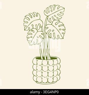 Elegant hand drawn vector sketch of a Monstera Deliciosa in a textured bubble pot. Tropical Swiss cheese plant line art perfect for eco friendly Stock Vector