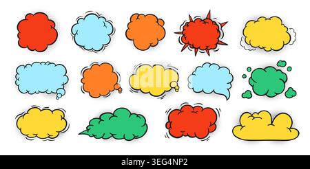 Pop art comic retro cloud of thought colorful set. Onomatopoeia speech bubble dialog clouds, thought blobs, explosion effects. Vintage 80s 90s cartoon stickers for prints. Vector communication art Stock Vector