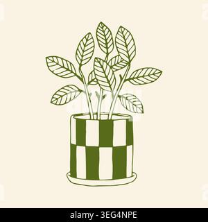 Hand drawn vector illustration of a potted houseplant with lush oval leaves in a stylish checkered pot. Minimalist green line art isolated on a Stock Vector