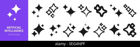 star icon set for AI logo. Artificial intelligence sparkling symbols. Shiny magic glitter starburst signs for logo, app design. Modern smart assistant elements. Vector illustration Stock Vector