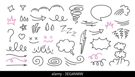 Hand drawn comic manga doodle element set. Cartoon emoji arrows, speed lines, emotions, shapes, motion anime expression marks. Sketch motion effects for comics design. Vector illustration abstract art Stock Vector