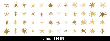 Yellow gold hand drawn stars isolated on background. Crayon and pencil doodle elements with sketch texture for kids design, decoration, cute patterns, magic theme, creative art and festive projects. Stock Vector