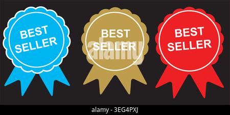 Three best seller badges blue, gold and red, ideal for product promotion, sales campaigns, labels and marketing materials. Stock Vector