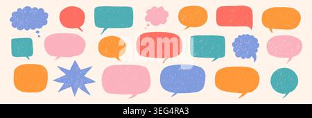 Colorful hand drawn speech bubbles set on light background. Cute doodle chat icons, comic dialog boxes and sketch message elements for communication, social media, stickers and design. Stock Vector
