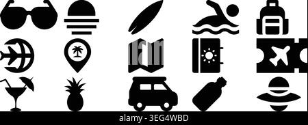 Travel and Summer Vacation Icon Pack – Solid Black Tourism, Beach and Adventure Vector Set Stock Vector