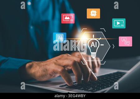 Ai generative concept digital text image video content creation artificial intelligence innovation fuels creative ai technology productivity with hand Stock Photo