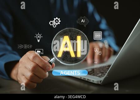 Hand holds magnifying glass for ai virtual agent exploration, artificial intelligence analysis shows smart technology innovation, highlighting glowing Stock Photo