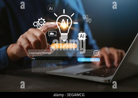 Idea generation using command prompt and virtual ai lightbulb icon allows user to generate smart automation content while using laptop computer to cre Stock Photo