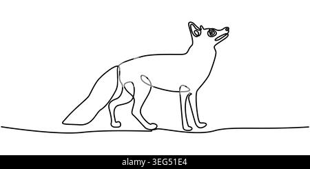 Continuous line drawing of standing wild fox predator, minimalist black and white single line art vector illustration of nature animal. Stock Vector