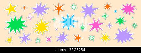 Star paper sticker element set. Hand drawn star cut collage doodle with grunge texture torn edge. Scrapbook journal note label yellow, green, pink burst aesthetic background. Vector illustration Stock Vector