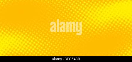 Yellow orange halftone background. Retro comic gradient pattern. Bright hot pixelated dotted texture overlay. Cartoon pop art faded grain backdrop for poster, banner, advertisement, brochure. Vector Stock Vector